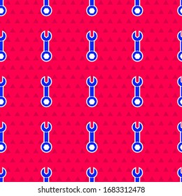 Blue Wrench spanner icon isolated seamless pattern on red background.  Vector Illustration