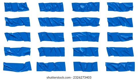 Blue wrinkled adhesive tape isolated on white background. Blue Sticky scotch tape of different sizes.