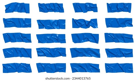 Blue wrinkled adhesive tape isolated on white background. Blue Sticky scotch tape of different sizes. Vector illustration.