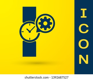 Blue Wrist watch and gear icon isolated on yellow background. Adjusting app, service concept, setting options, maintenance, repair, fixing. Vector Illustration