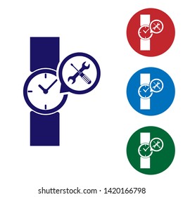 Blue Wrist watch with screwdriver and wrench icon isolated on white background. Adjusting, service, setting, maintenance, repair, fixing. Set color icon in circle buttons. Vector Illustration