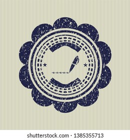Blue writer icon inside distressed rubber grunge stamp