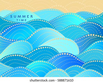 Blue writing summer time on yellow background with watercolor waves ornament - vector illustration