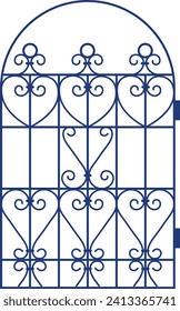 Blue wrought iron gate with ornate swirls and geometric designs. Elegant metal entrance arch vector illustration.