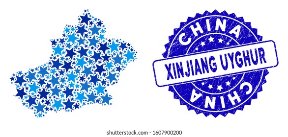 Blue Xinjiang Uyghur Region map collage of stars, and textured round stamp seal. Abstract territory plan in blue color tinges. Vector Xinjiang Uyghur Region map is designed of blue stars.