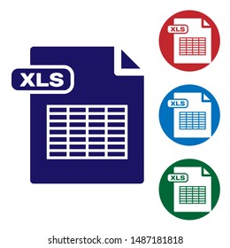 Blue XLS file document. Download xls button icon isolated on white background. Excel file symbol. Set color icons in circle buttons. Vector Illustration