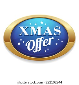 Blue xmas offer button with gold border on white background