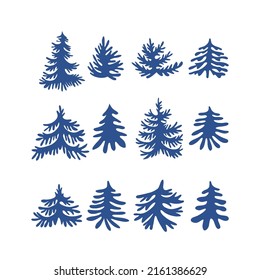 Blue Xmas tree spruce cutout shape Matisse style vector illustration set isolated on white. Winter wonderland pine fir tree print collection for Christmas holiday season decor and card making.