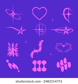 Blue Y2k elements for design.Trendy geometric brutalism forms, memphis elements. Simple shapes forms, symbols and frames y2k style.