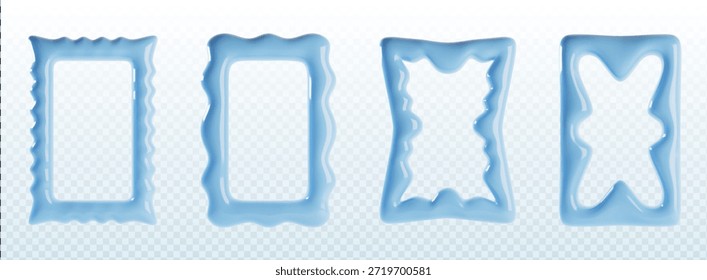 Marco de borde ondulado azul Y2K con borde de vieira y forma ondulada. Diseño de Vector 3D con curvas onduladas, patrones en zigzag y Elementos de meneo orgánicos para proyectos gráficos de moda y collages retro.