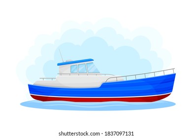 Blue Yacht with Cabin as Water Transport Vector Illustration