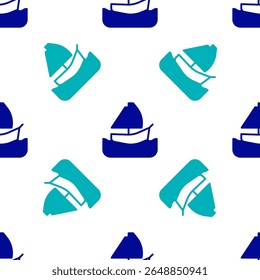 Blue Yacht sailboat or sailing ship icon isolated seamless pattern on white background. Sail boat marine cruise travel.  Vector