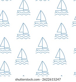 Blue yacht seamless pattern on white background. Doodle yacht