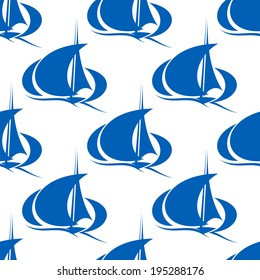 Blue Yachts Or Sailboat Seamless Pattern With Billowing Sails On Ocean Waves For Sports Design