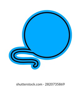 Blue yarn ball with curled string and black outline. 