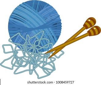 Blue yarn ball with knitting needles