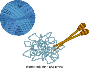 Blue yarn ball with knitting needles