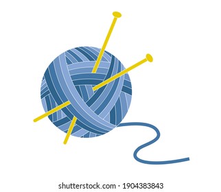 Blue yarn and needles. Vector isolated  illustration on white background