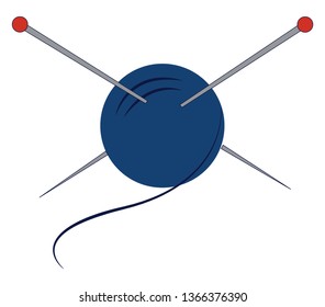 Blue yarn with silver knitting needles vector illustration on white background
