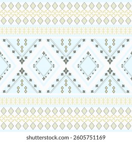 Blue and yellow abstract geometric Native American vector texture seamless pattern with ethnic motifs. Boho style. Navajo style. Ideas for wallpaper, rugs, fabric borders, tiles, and pottery.