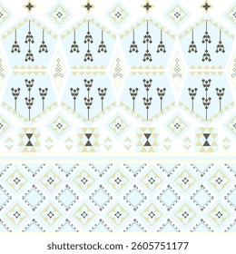 Blue and yellow abstract geometric Native American vector texture seamless pattern with ethnic motifs. Boho style. Navajo style. Ideas for wallpaper, rugs, fabric borders, tiles, and pottery.