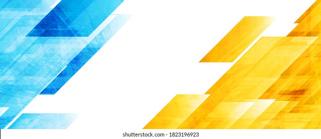 Blue And Yellow Abstract Geometric Tech Banner With Grunge Texture. Futuristic Vector Design