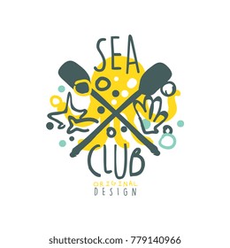 Blue and yellow abstract marine illustration with paddles and underwater objects for sea club logo design. Hand drawn colorful vector isolated on white.