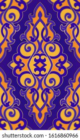 
Blue and yellow abstract ornament. Colorful indian pattern for carpet, wallpaper, shawl, textile and any surface. Ornamental pattern with filigree details.