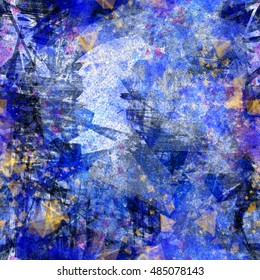 Blue and yellow. Abstract seamless vector background. Triangles of different sizes and shapes. Overlay, overlapping, transparency. Randomly mixed. The pattern for the fabric, printing, home design.