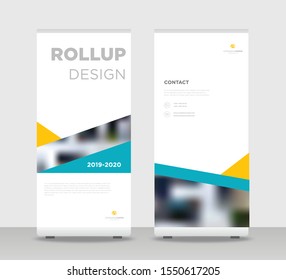 Blue yellow Abstract Shapes Modern Exhibition Advertising Trend Business Roll Up Banner Stand Poster Brochure flat design template creative concept. Yellow Roll Up EPS. Presentation Cover