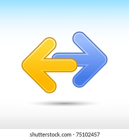 Blue and yellow arrow icon web 2.0 button reload sign with gray shadow on white