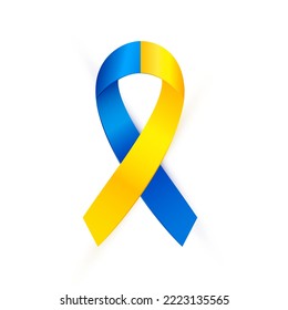 Blue yellow awareness ribbon to support Ukraine. Symbol of ukrainian fight against russian invasion and terrorism. Realistic sign isolated on white. Ukrainian freedom. Vector illustration EPS 10 file