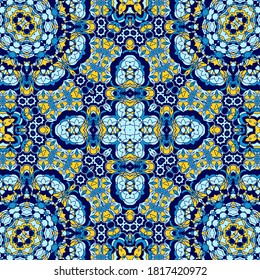 Blue yellow azulejos portugal ethnic seamless pattern, vector tile print. Medieval royal style ornament.