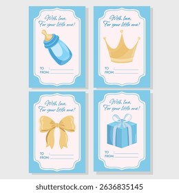 Blue and yellow baby shower greeting card tags with cute flat illustrations for boy announcement and party decorations