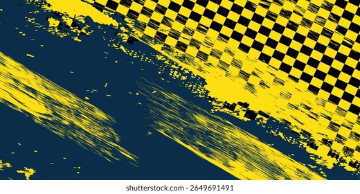 Blue and yellow background with checkered sports flag and grunge pattern