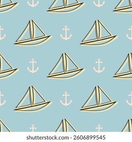 A blue and yellow background with a pattern of boats and anchors. The boats are drawn in a simple style and the anchors are also drawn in a simple style. Scene is calm and peaceful, with the boats