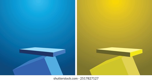 blue and yellow background products display podium scene with geometric platform. backdrop background vector render with podium. stand to show cosmetic products. Stage showcase on pedestal display