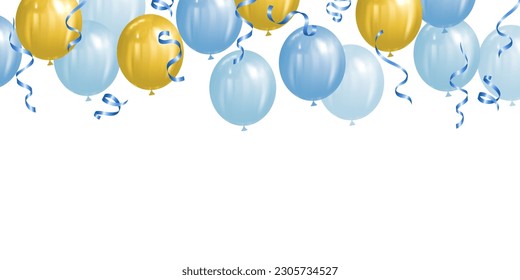 globos azules y amarillos con confeti en ilustración vectorial de fondo blanco