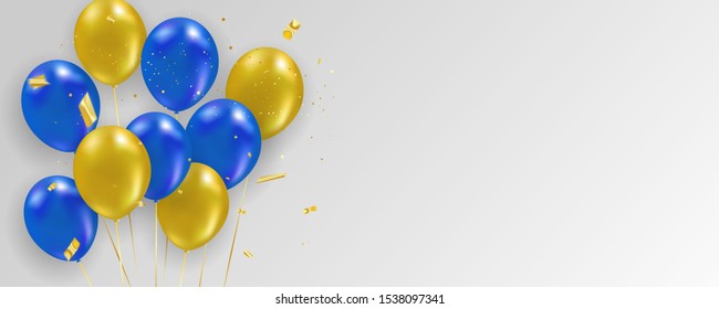 Blue yellow balloons, Gold confetti concept design template holiday Happy Day, background Celebration Vector illustration.