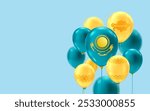 Blue and yellow balloons with traditional kazakh ornament, eagel, sun and shanyrak on a light blue background. Template for greeting card, banner to Republic day, Independence day of Kazakhstan