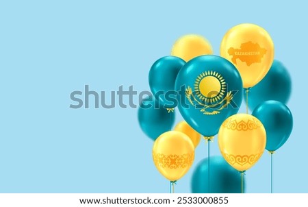 Blue and yellow balloons with traditional kazakh ornament, eagel, sun and shanyrak on a light blue background. Template for greeting card, banner to Republic day, Independence day of Kazakhstan