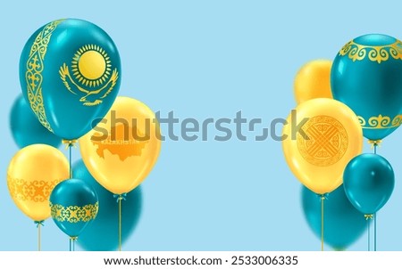 Blue and yellow balloons with traditional kazakh ornament, eagel, sun and shanyrak on a light blue background. Template for greeting card, banner to Republic day, Independence day of Kazakhstan