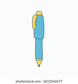 Blue and yellow ballpoint pen with a clip, shown in a clean minimalist style.