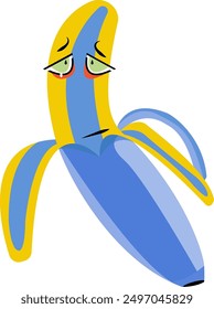 Blue and yellow banana with sad eyes and frown, great for showcasing emotions in food illustrations or creating unique character designs.