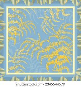 Blue and yellow bandana with striped palm branch. Vector design for  neck scarf, neckerchief, carpet, kerchief, bandana, shawl. Tropical floral pattern with frame.