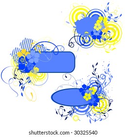 Blue and yellow banner with flowers. Vector illustration