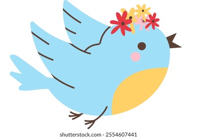 Blue and yellow bird, with flower wreath, Vector illustration, flat styleVector illustration, flat style