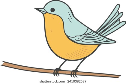 Pájaro azul y amarillo encaramado en una rama. Cuta caricatura de ilustración aviar. Simple fauna silvestre y dibujo de la naturaleza ilustración de vector.