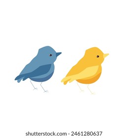 Blue and yellow birds on a branch, isolated, on a white background