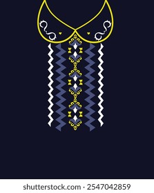 Blue, yellow with black geometric ethnic neckline pattern. Traditional design. Decoration, background, textile, fabric, clothing, ornament. embroidery style. Shirt style.